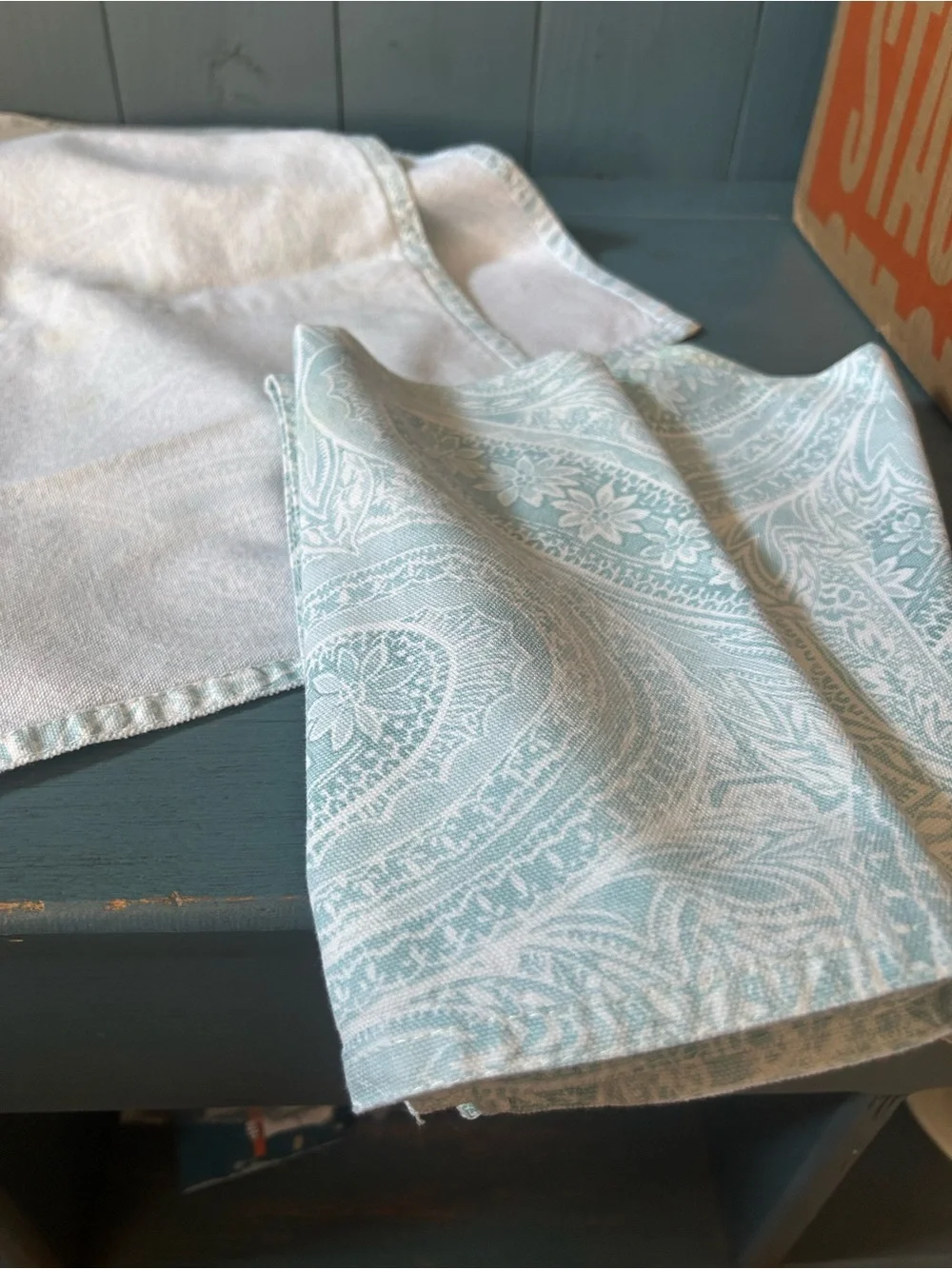 Vintage Ralph Lauren Pale Blue Paisley Cornered Fabric Napkins - Set of 4